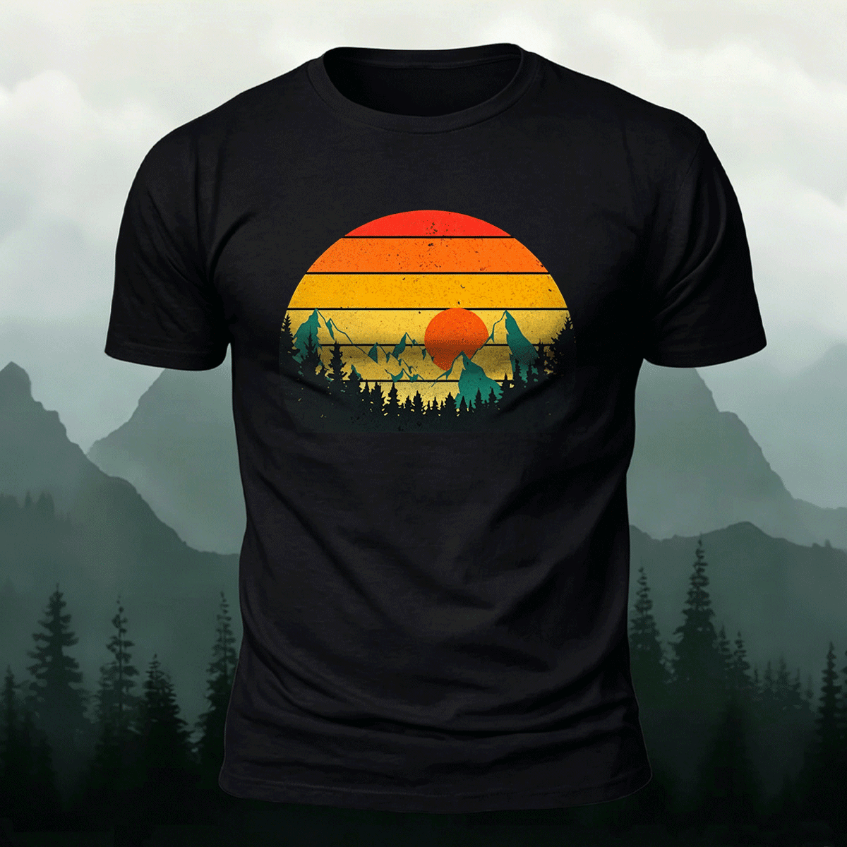 Sunset Scenery Print Vintage Skin-friendly T-Shirt Black