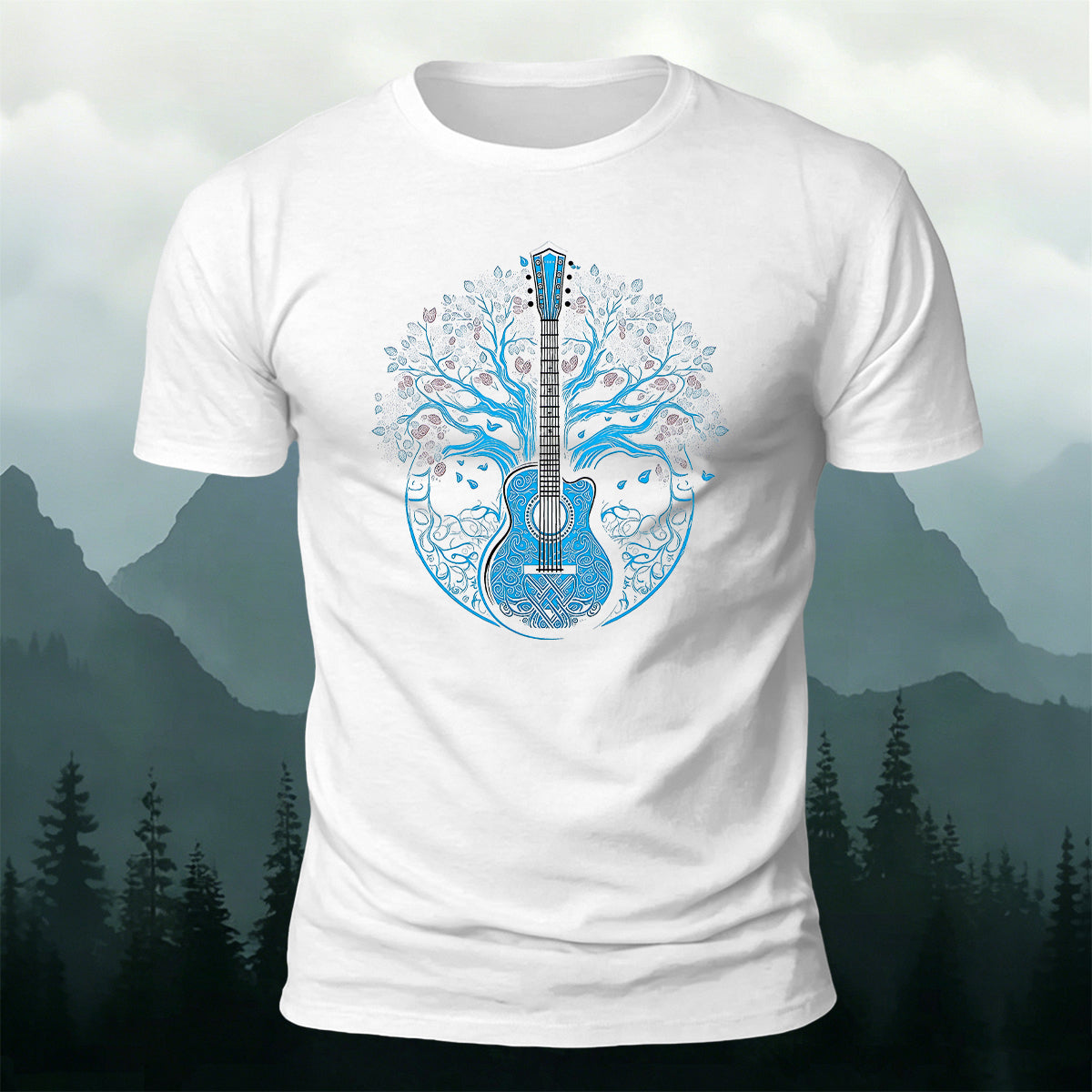 Guitar God Tree Trend-Print Casual Cotton T-Shirt