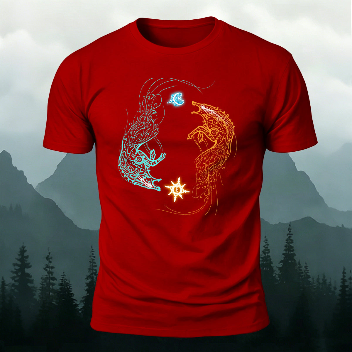Sun and Moon Chasing Totem Print Versatile  Cotton Tee