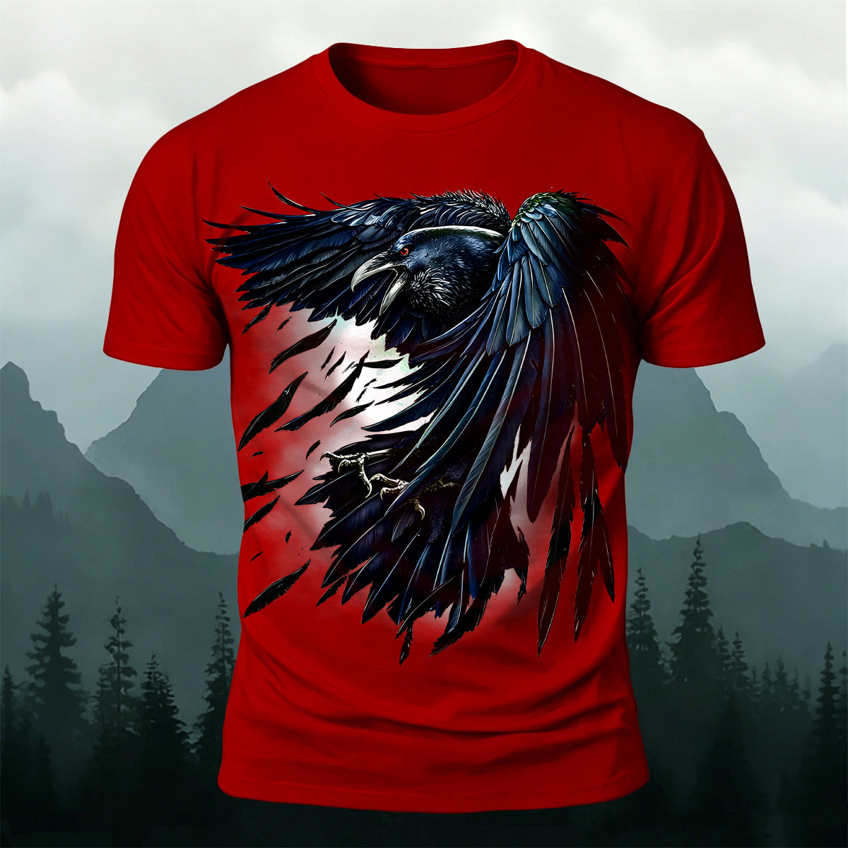 Retro Black Crow Feather Print Casual T-Shirt