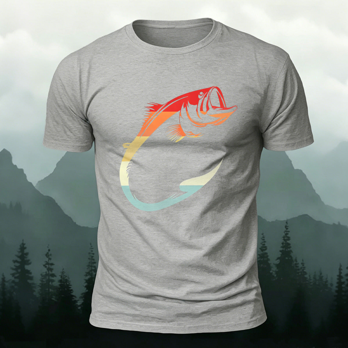Colorful Hook Print Breathable Material Casual T-Shirt Grey