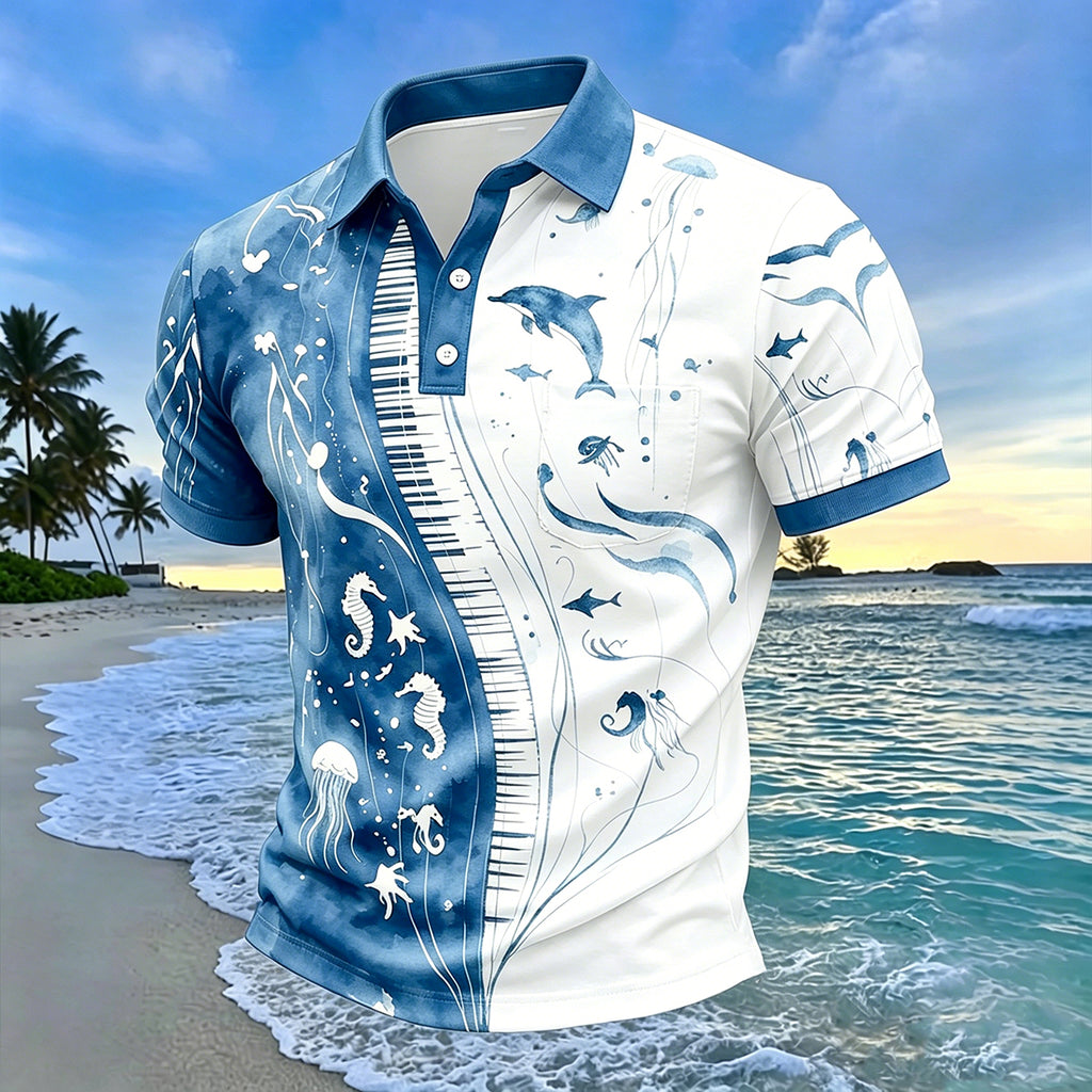 Blue and White Marine-Print Slim-Fit Polo Shirt