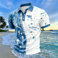 Blue and White Marine-Print Slim-Fit Polo Shirt