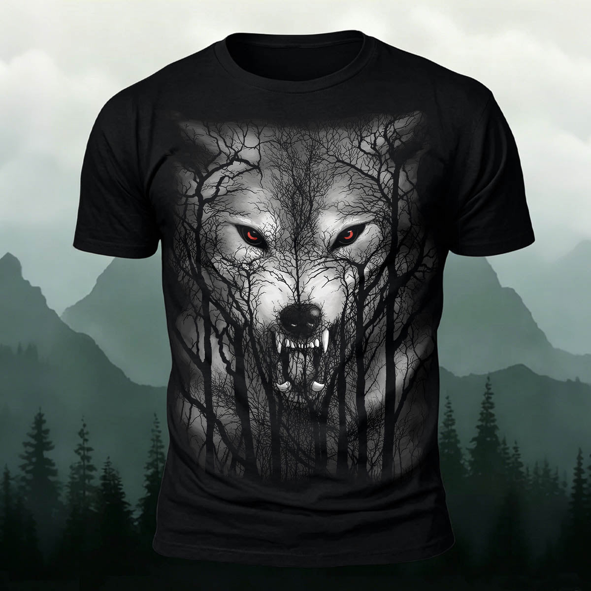 Dark Forest Wolf King Printed Casual Cotton T-Shirt Black