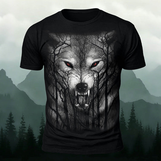 Dark Forest Wolf King Printed Casual Cotton T-Shirt Black