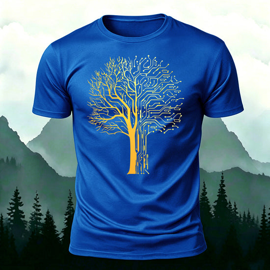 Tech-inspired tree print combed cotton T-shirt Blue