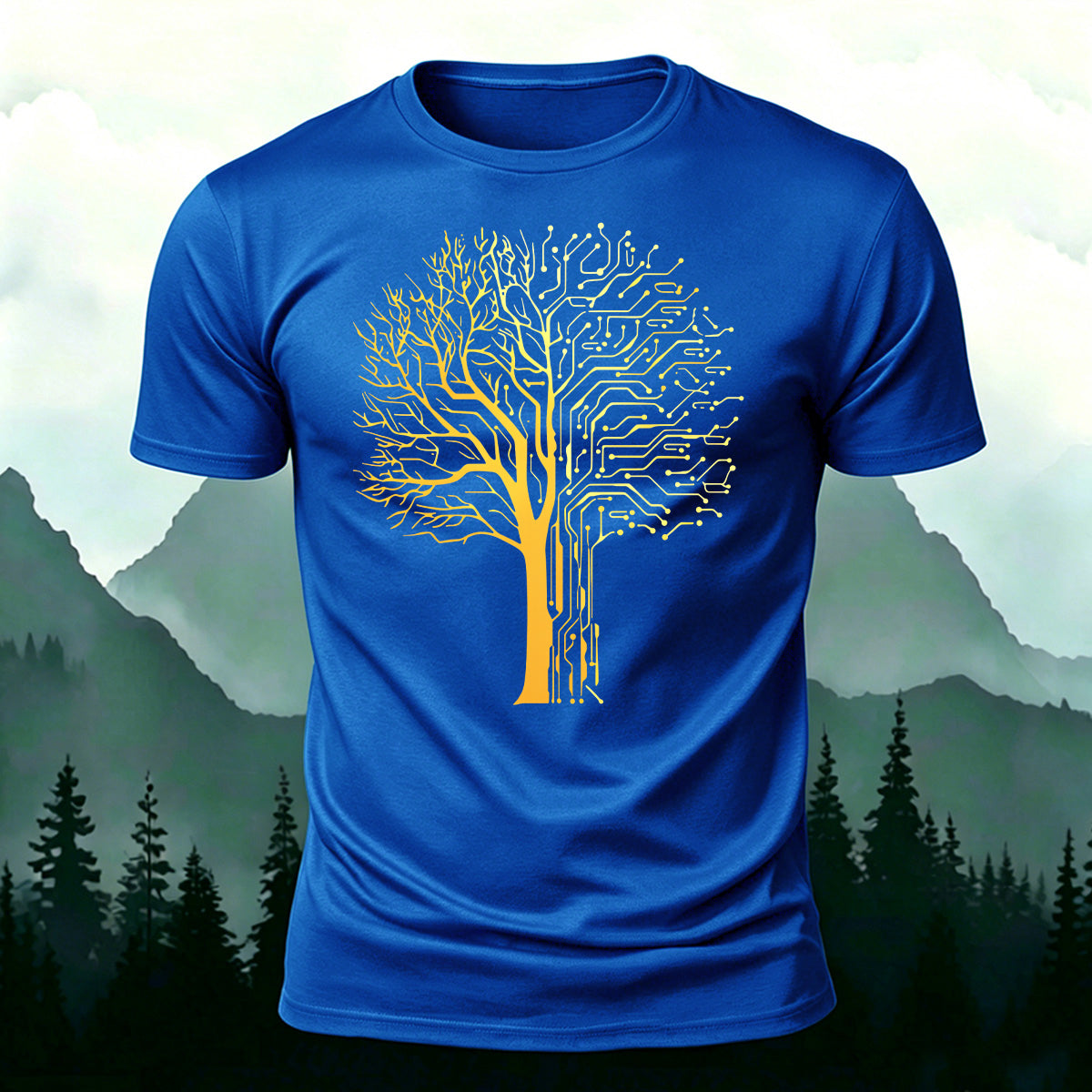 Tech-inspired tree print combed cotton T-shirt Blue