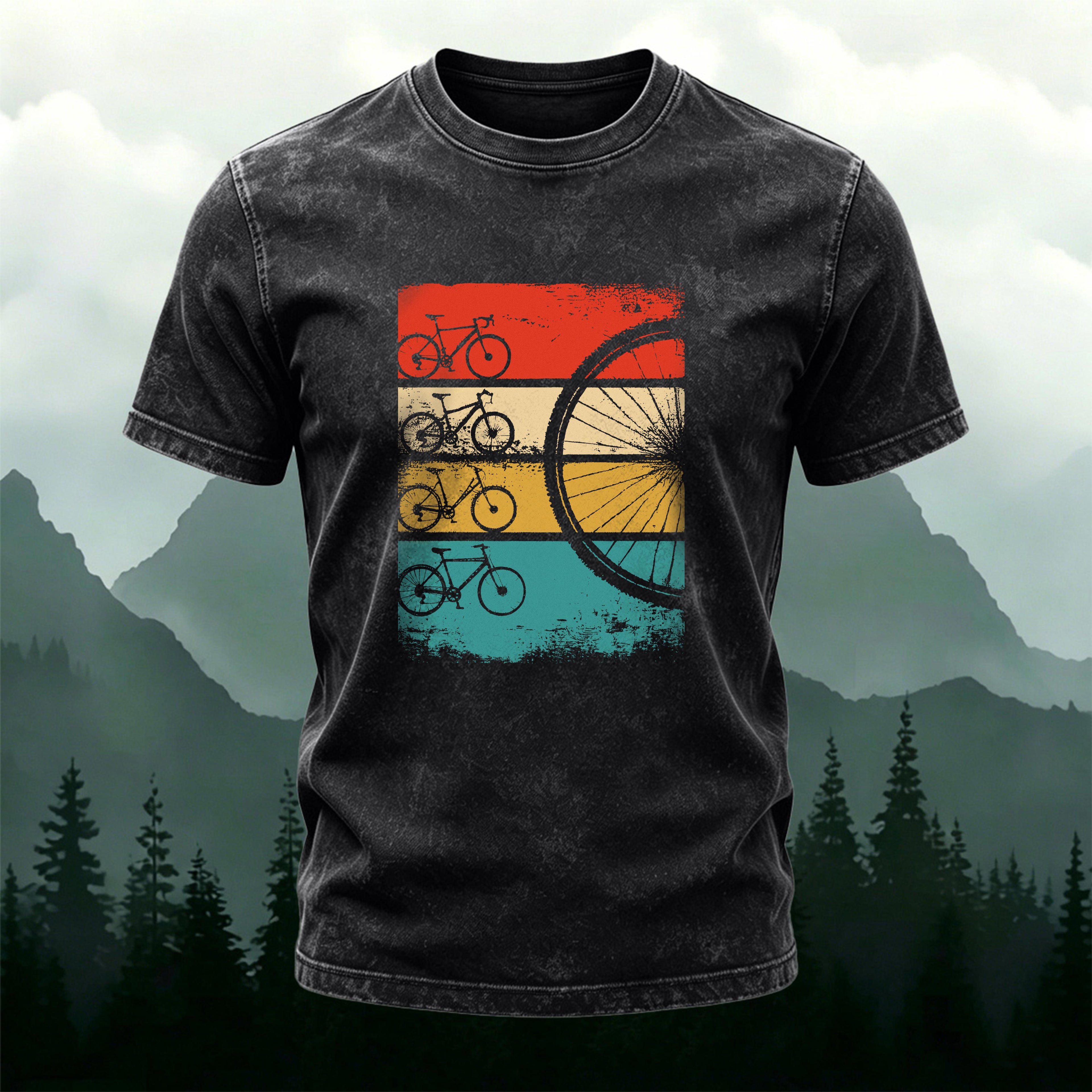 Cycling-themed Colorful Bicycle Print Washed Cotton T-Shirt