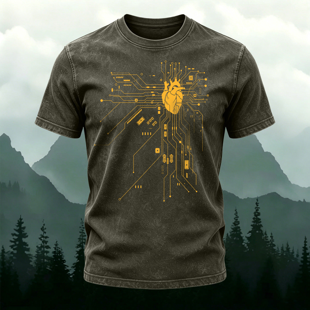 Heart Circuit Pattern Casual Washed Cotton T-Shirt