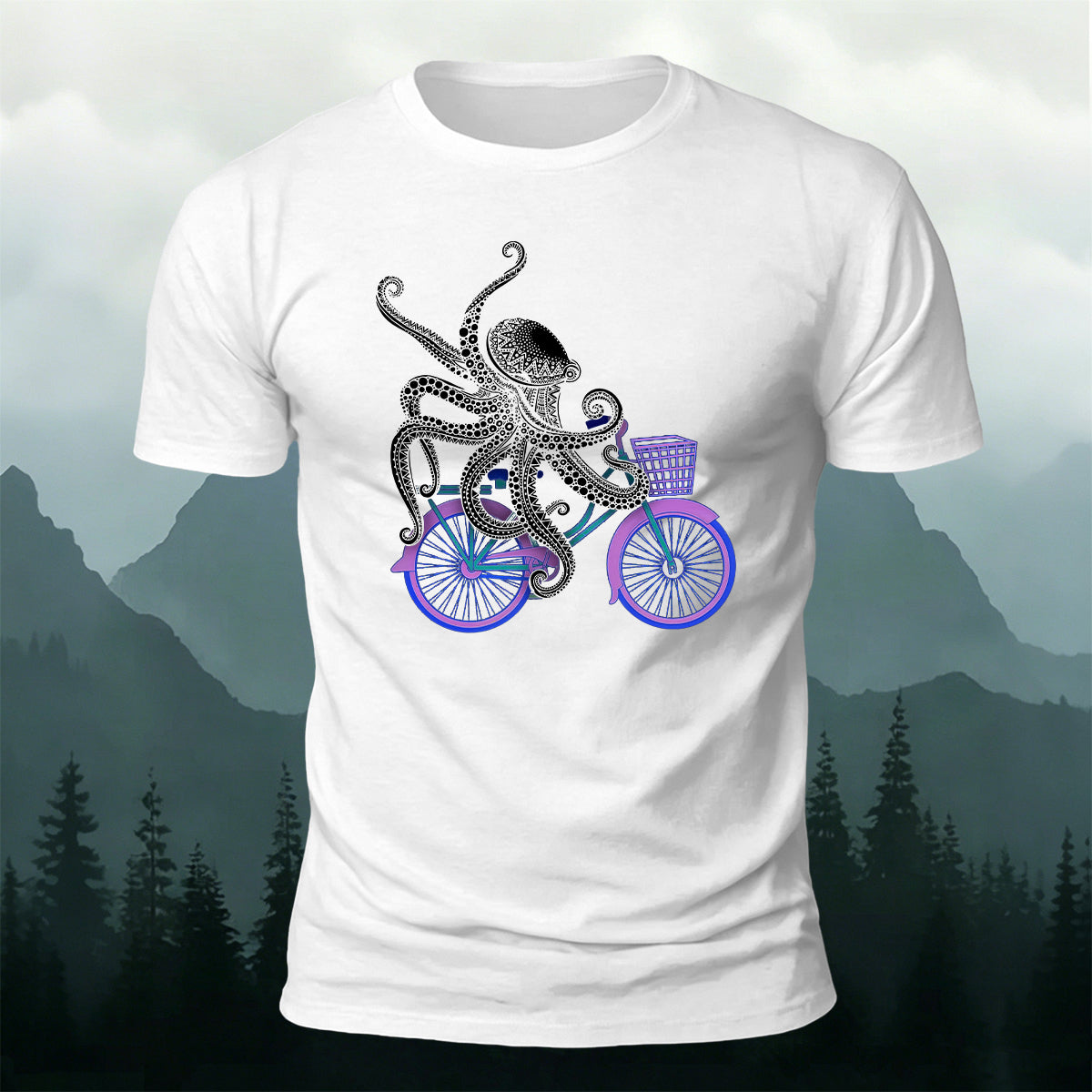Octopus Cycling Fun Print Cotton Casual T-Shirt White