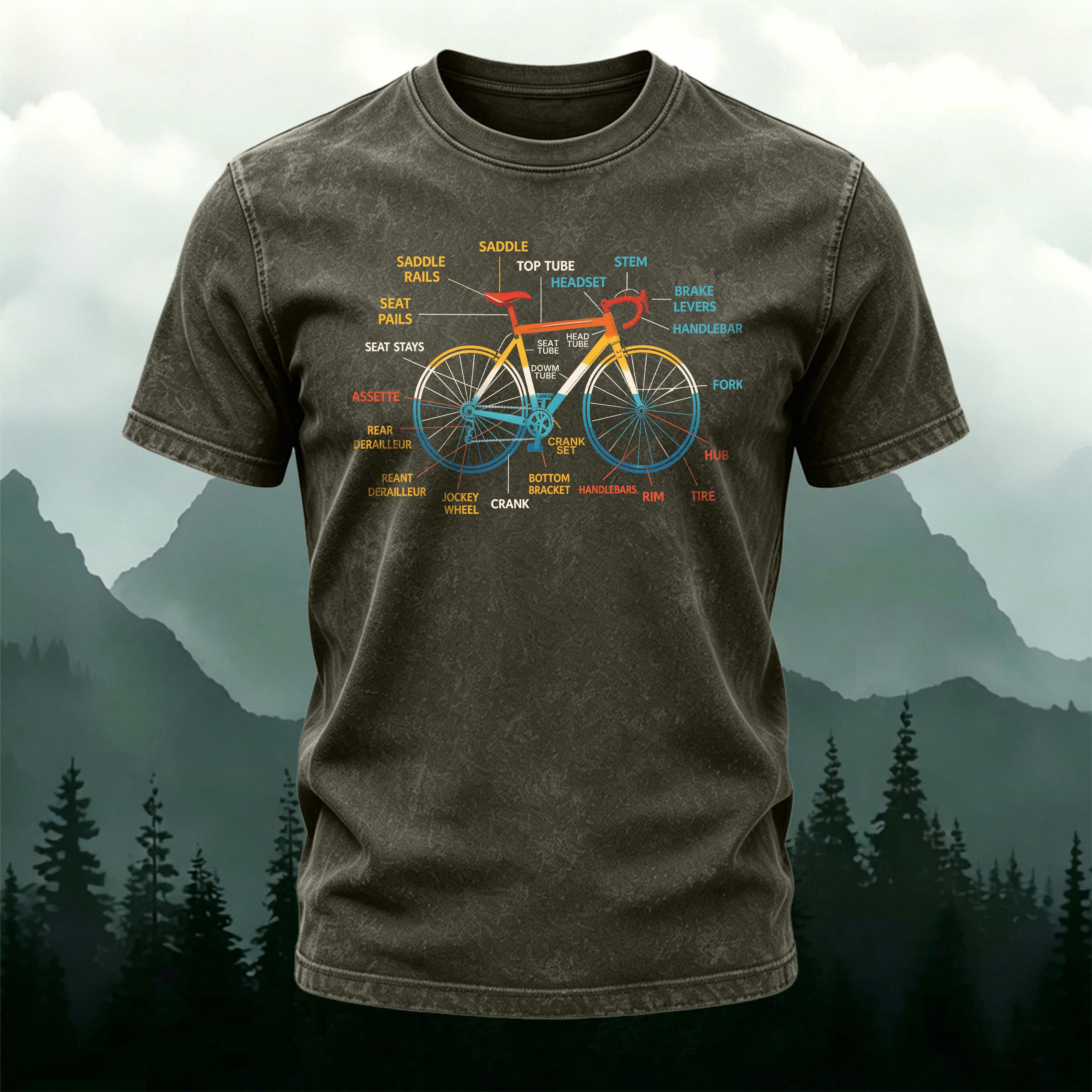 Bicycle Motif Printed Casual Washed Cotton T-Shirt