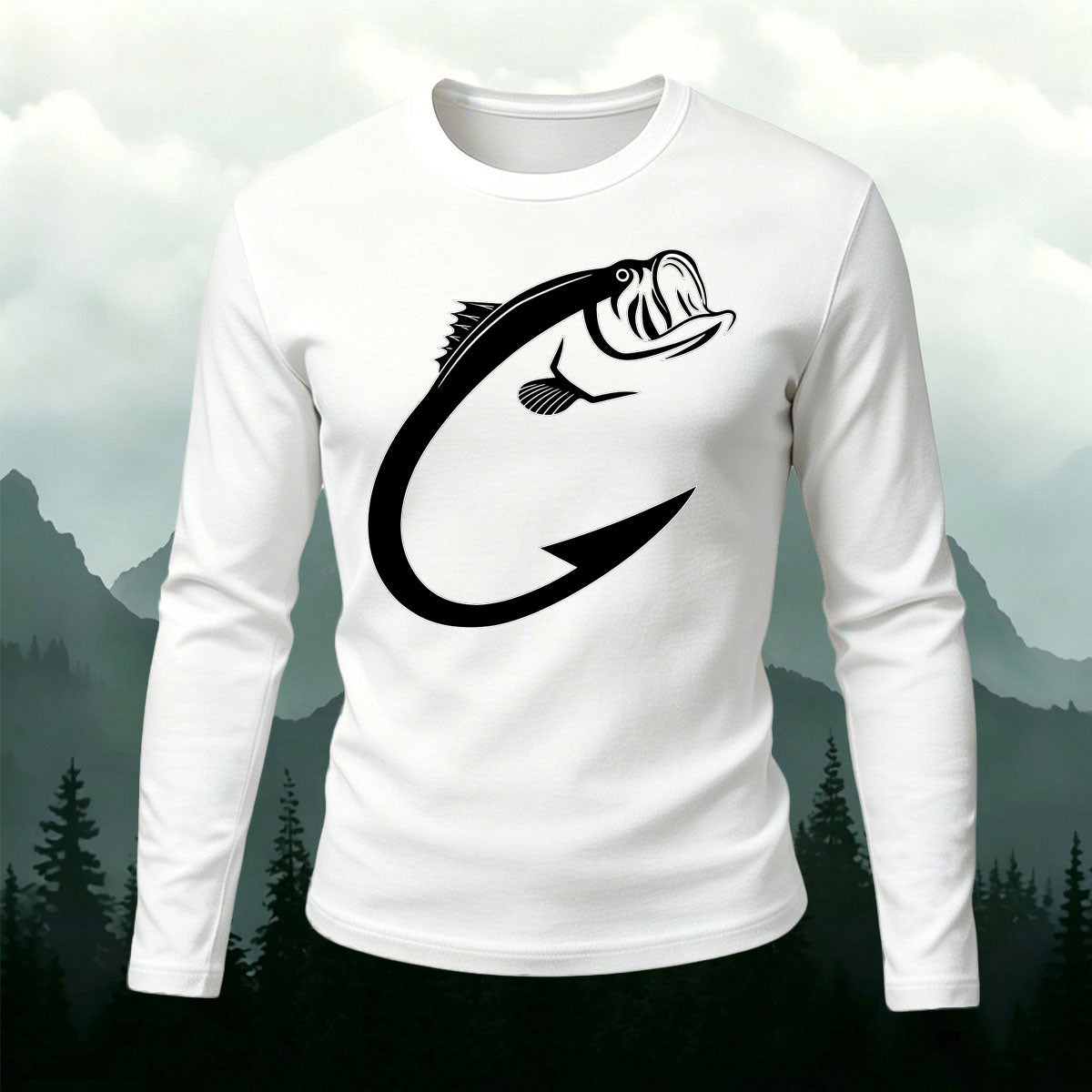 Fun Fish Hook Print Casual Long-Sleeve Cotton T-Shirt