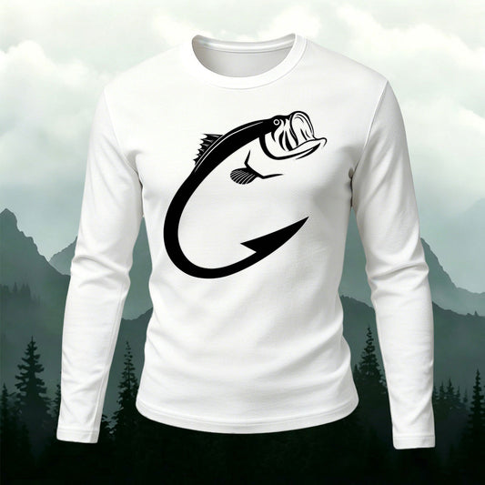 Fun Fish Hook Print Casual Long-Sleeve Cotton T-Shirt