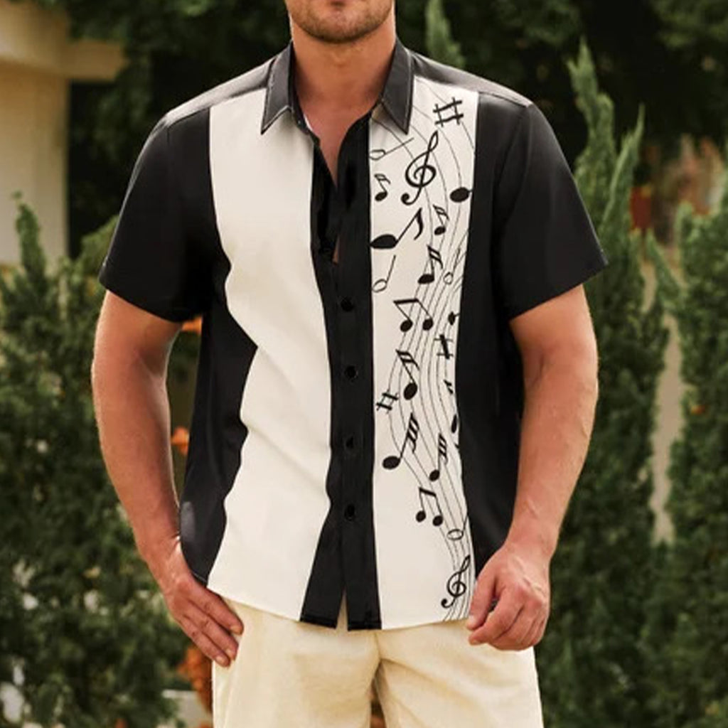 Musical Note Print Black-and-white Color-block Shirt