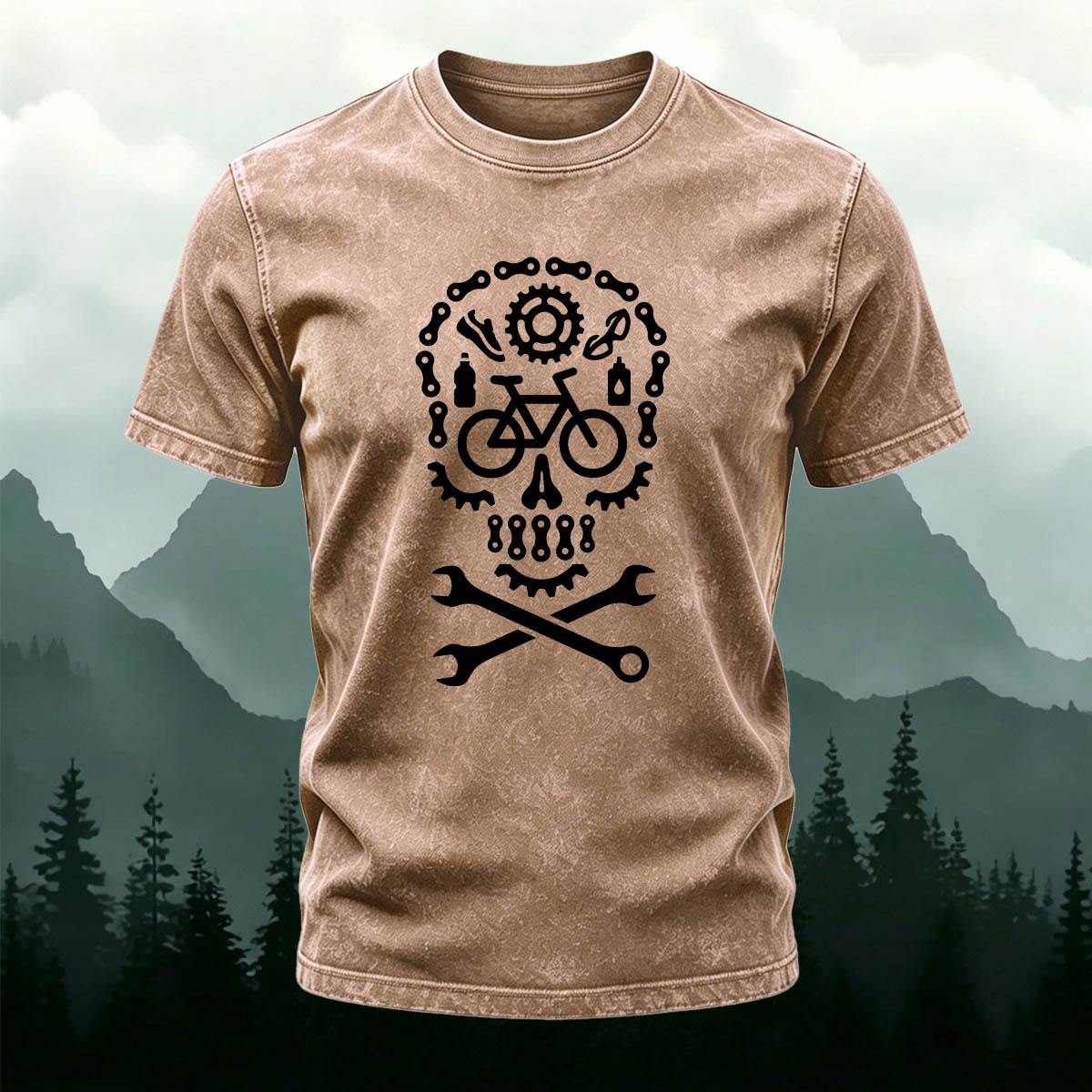 Cycling Fun Skull Casual Washed Cotton T-Shirt