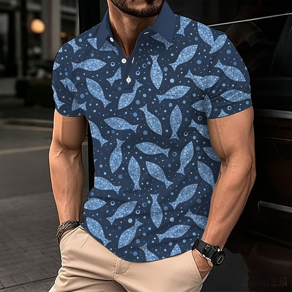 Deep-Sea Fish Print Slim-Fit Beach Resort Polo Shirt