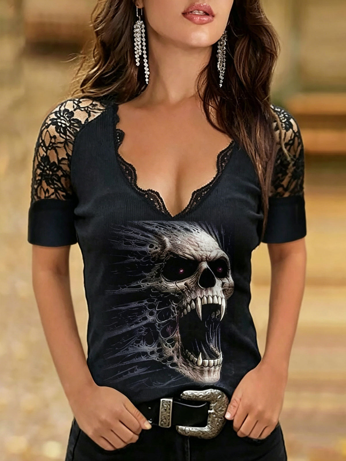 Black Skull Lace Splice Slim Fit T-Shirt