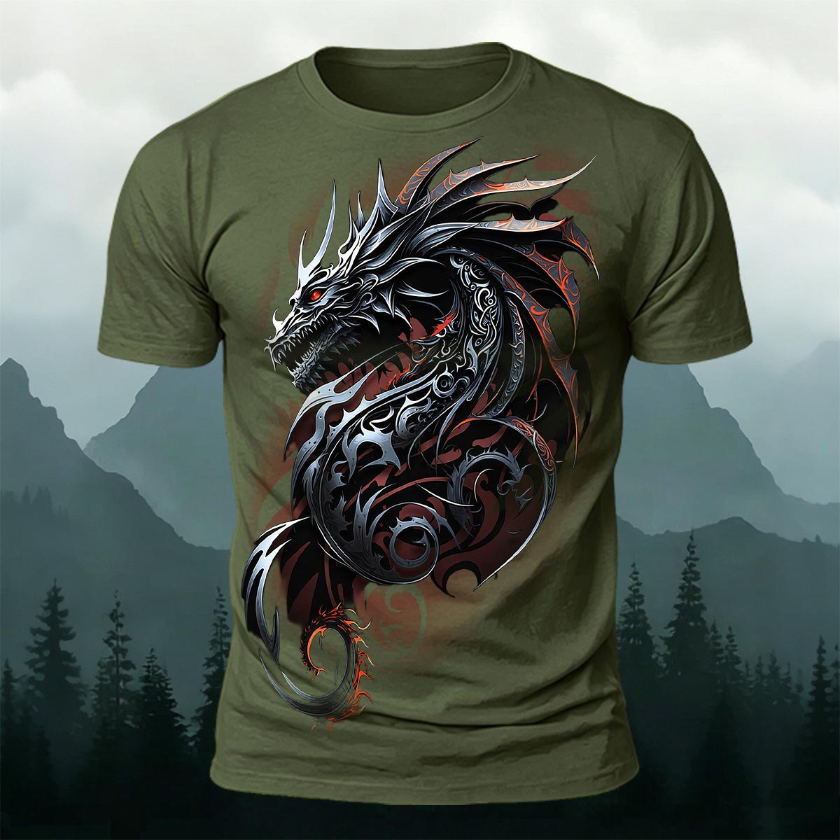 Dark Totem Dragon Print Casual Crew Neck T-Shirt