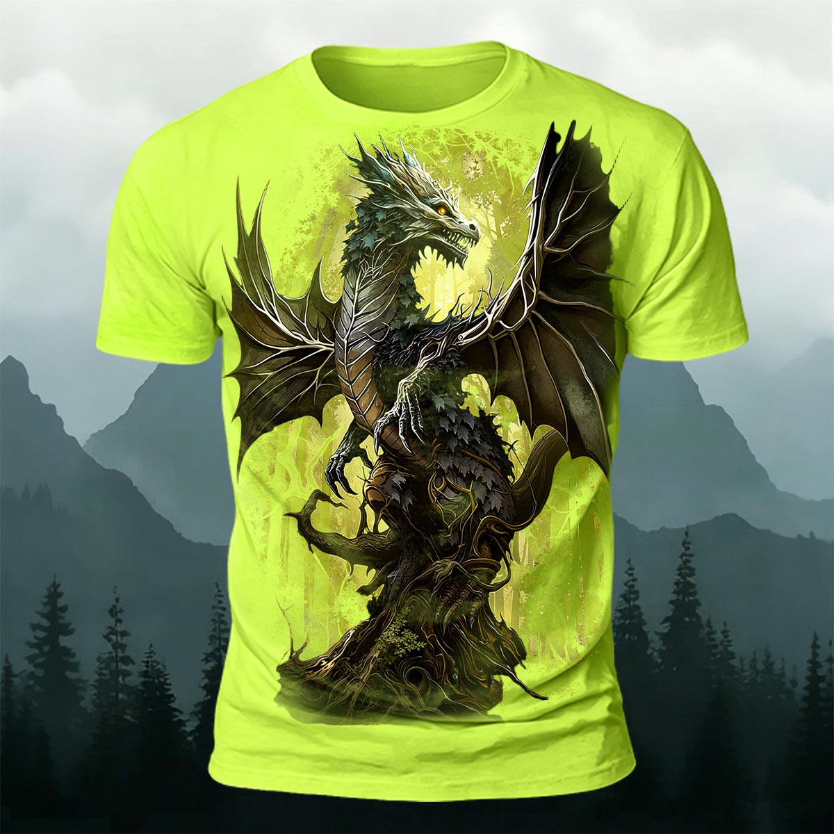 Retro Forest Dragon Print Outdoor 100% Cotton T-Shirt NG