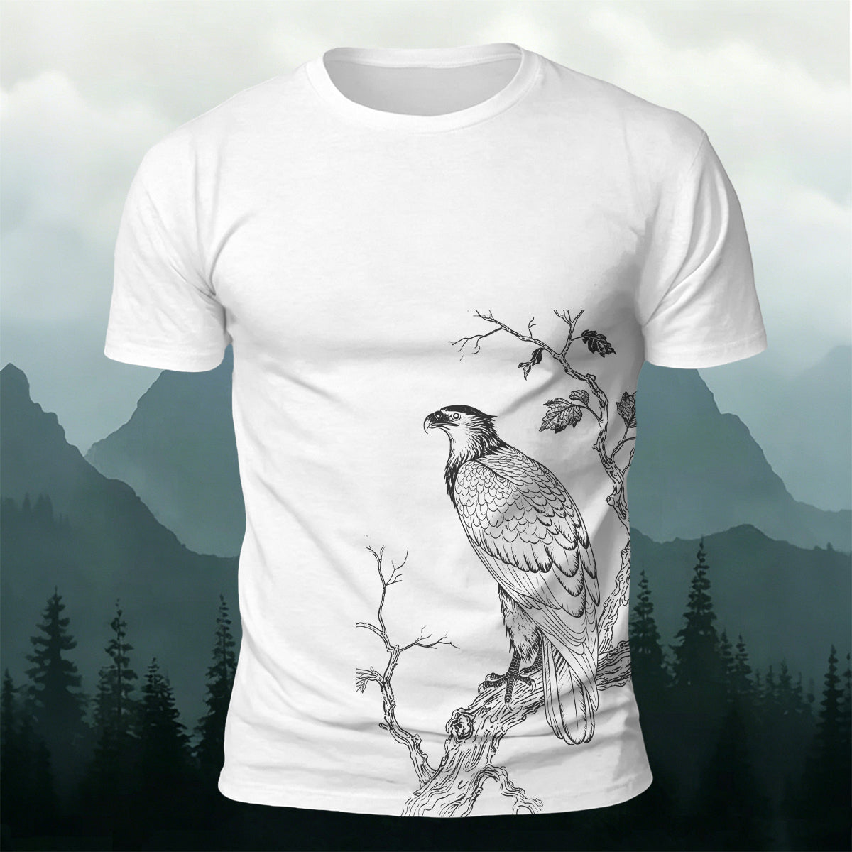 Bird-on-a-Branch PrintCasual 100% Cotton T-Shirt White