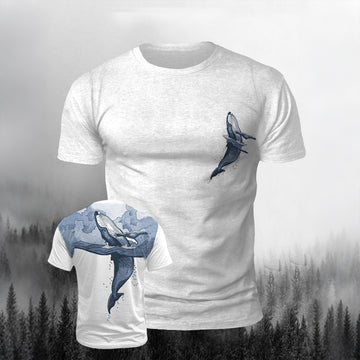 Ocean Whale Back Print Casual Cotton T-Shirt White