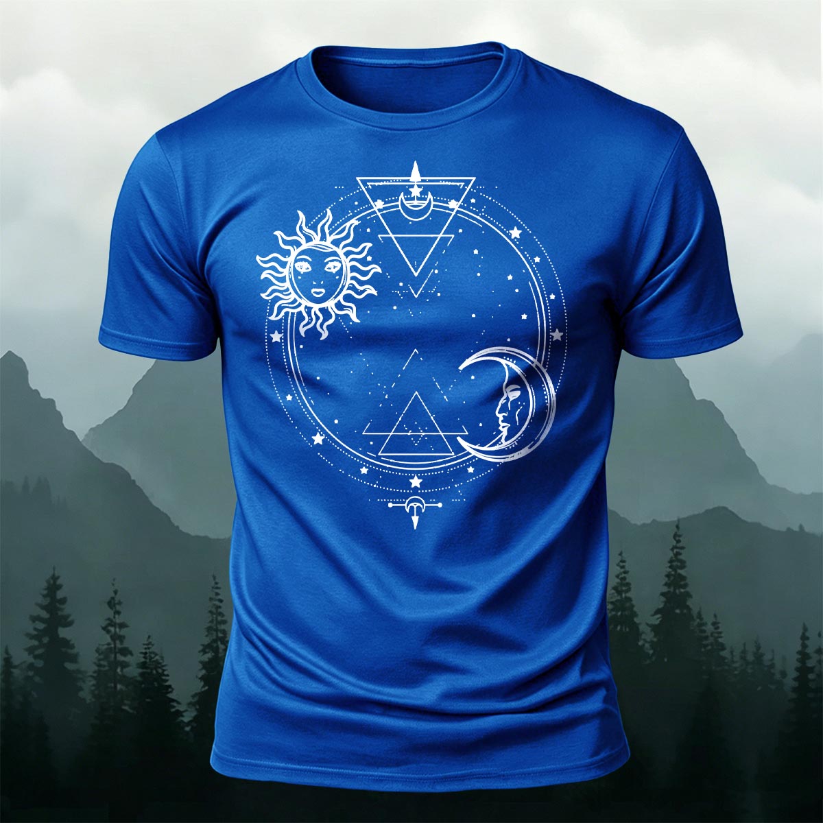 Sun and Moon Print Casual Cotton T-Shirt Blue