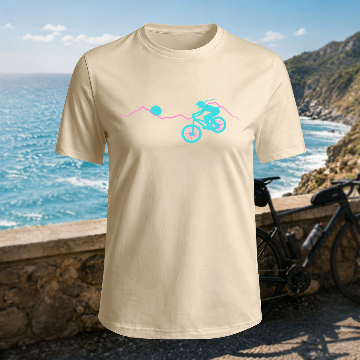 100% Cotton Woman Mountain Biking Simple Natural T-Shirt