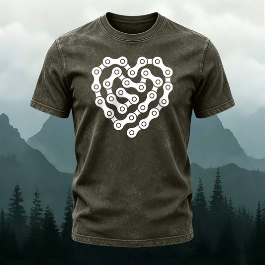 Washed Cotton Bicycle Chain Heart Printed T-Shirt
