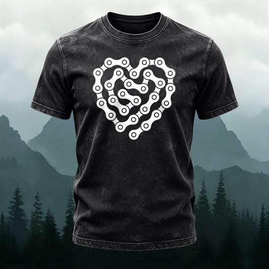 Washed Cotton Bicycle Chain Heart Printed T-Shirt