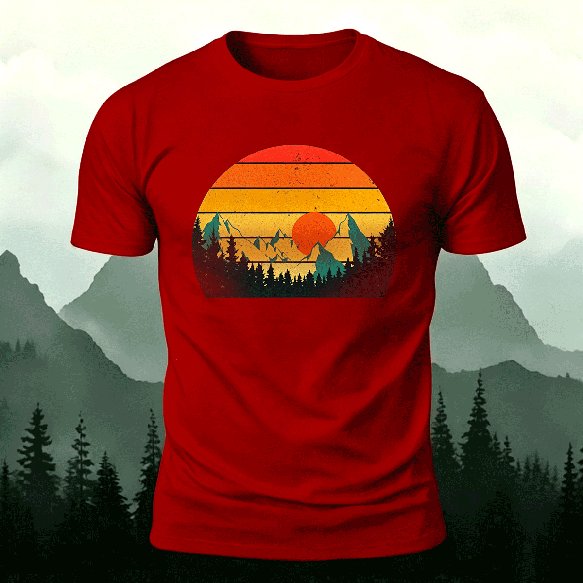 Sunset Scenery Print Vintage Skin-friendly T-Shirt Red