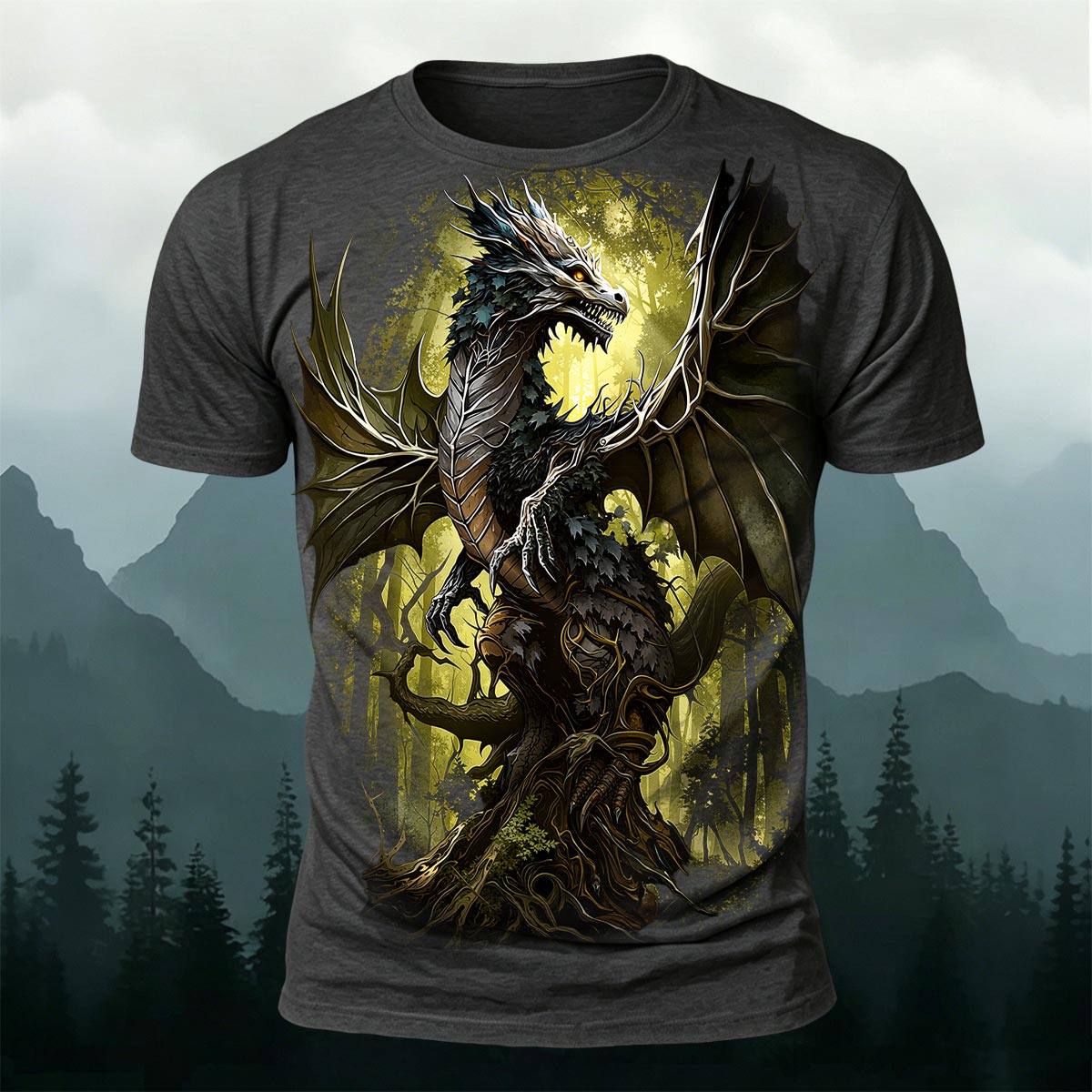 Retro Forest Dragon Print Outdoor 100% Cotton T-Shirt Dark Grey
