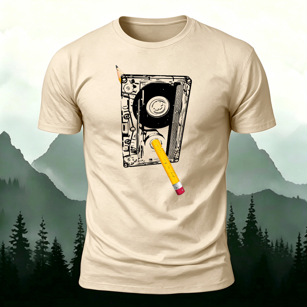 Pencil and Tape Pattern Soft-touch Feel T-Shirt Beige