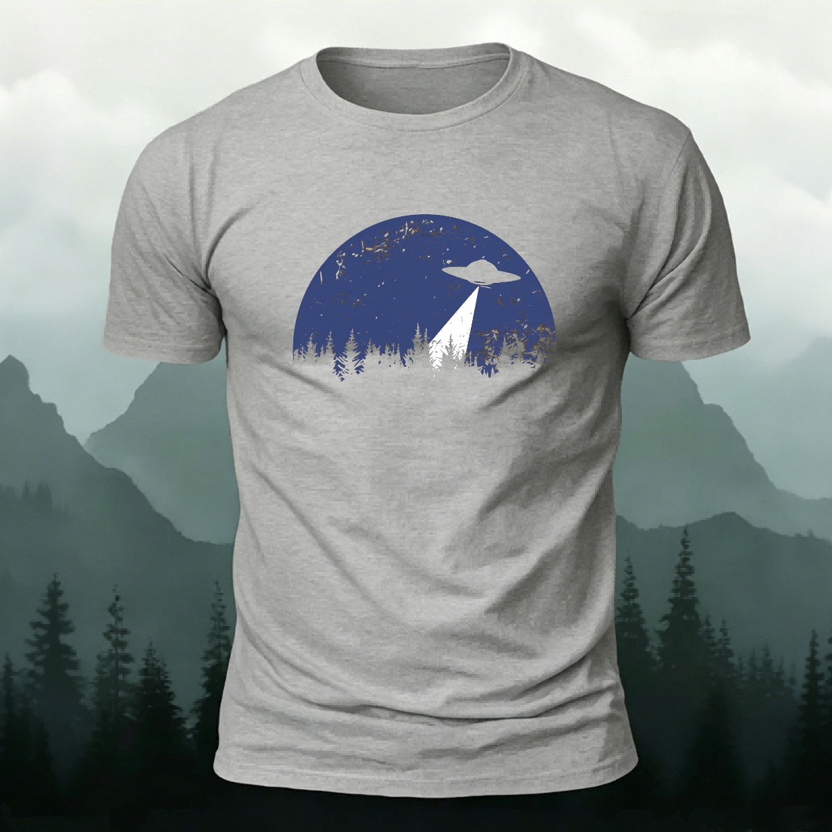 Alien Spaceship Pattern Skin-Friendly Casual T-Shirt Grey