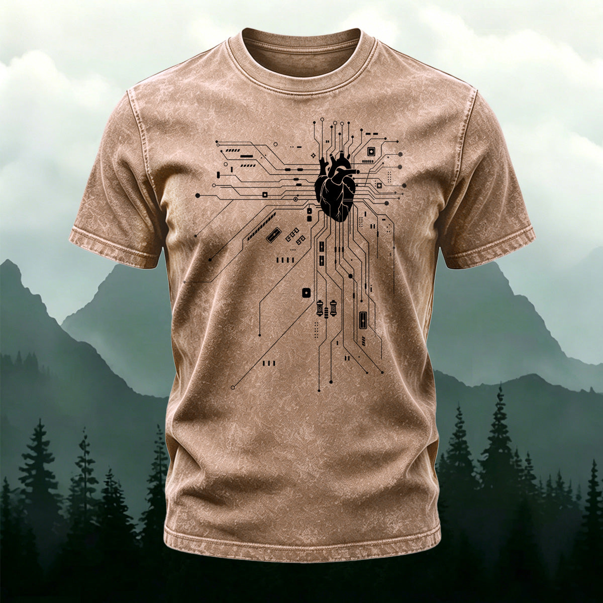 Heart Circuit Pattern Casual Washed Cotton T-Shirt