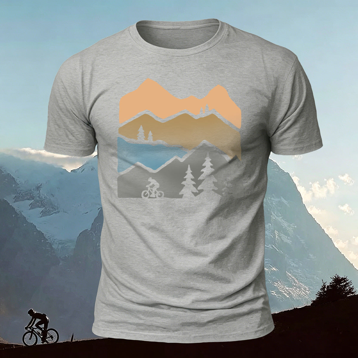 Mountain Biking Print Outdoor Casual Cotton T-Shirt Grey