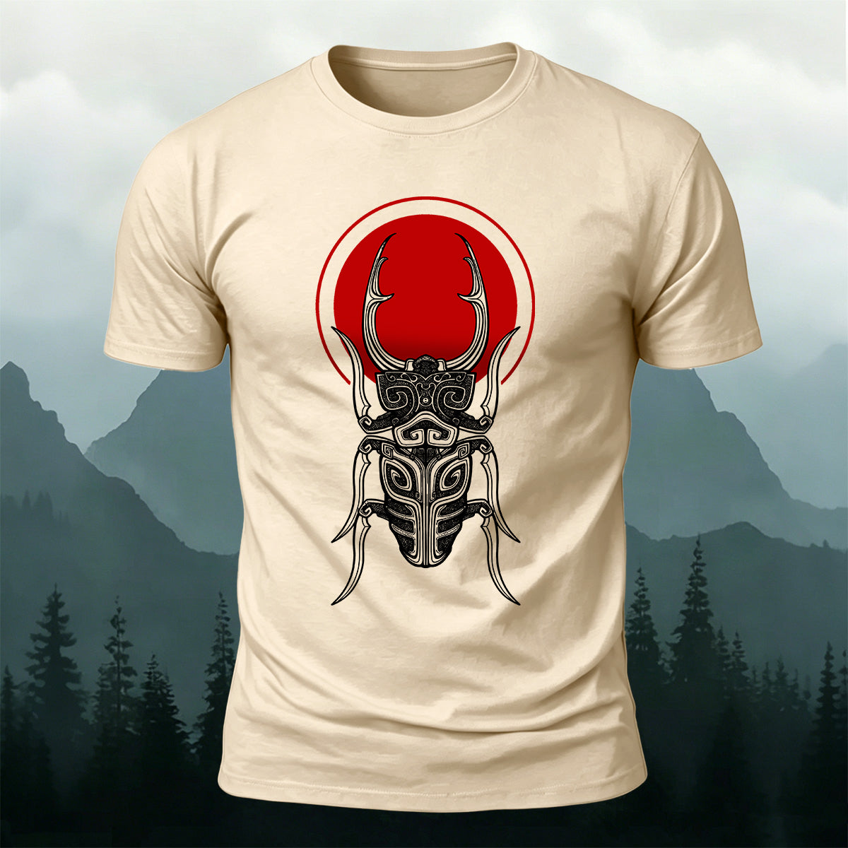 Retro Sketched Beetle Print Outdoor Comfort Cotton T-Shirt