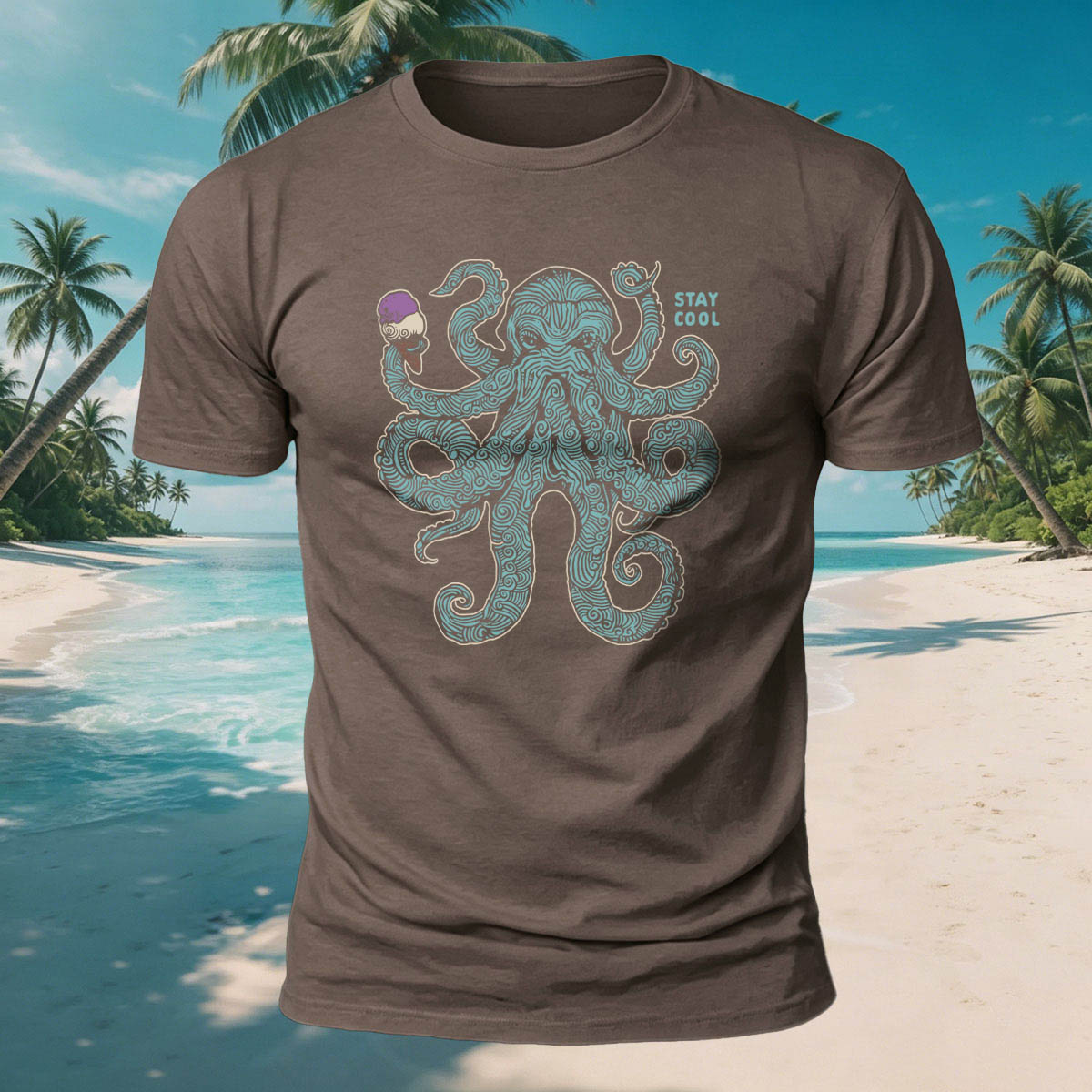 Octopus Eating Ice Cream Print Versatile Breathable Cotton Tee