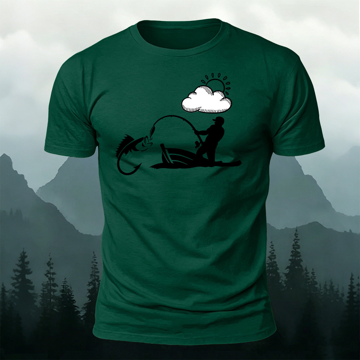 Outdoor Fishing Silhouette Print  Round-Neck Cotton T-Shirt