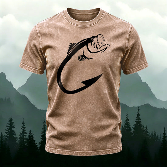 Minimalist Fish Pattern Outdoor Casual Washed Cotton T-Shirt Coffee