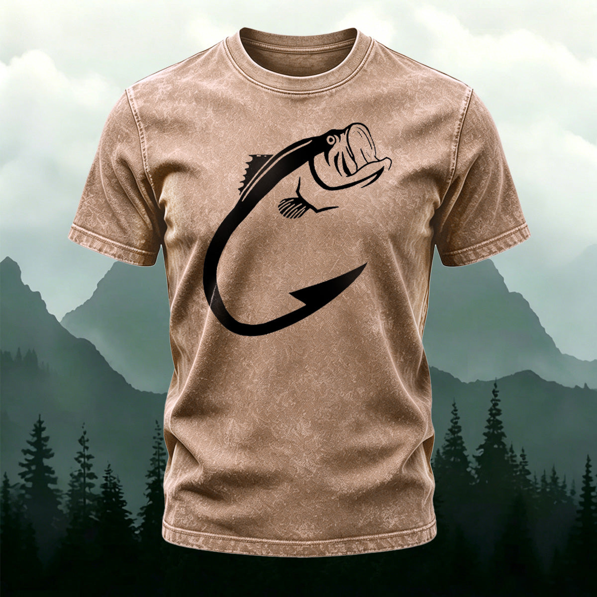 Minimalist Fish Pattern Outdoor Casual Washed Cotton T-Shirt Coffee