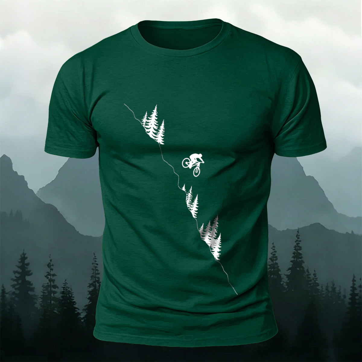 Mountain and Forest Cycling Silhouette Print  Cotton Outdoor T-Shirt