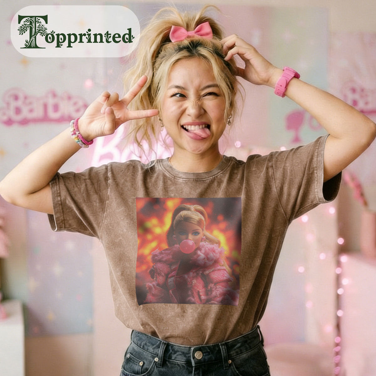 Princess Print Washed Crew Neck T-Shirt Brown