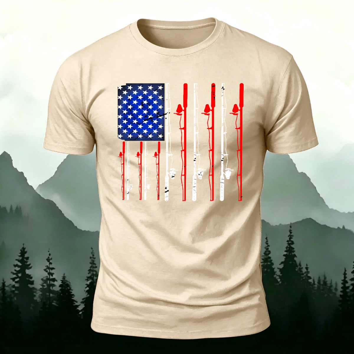 American-style Fishing Rod Pattern Cotton T-shirt Beige