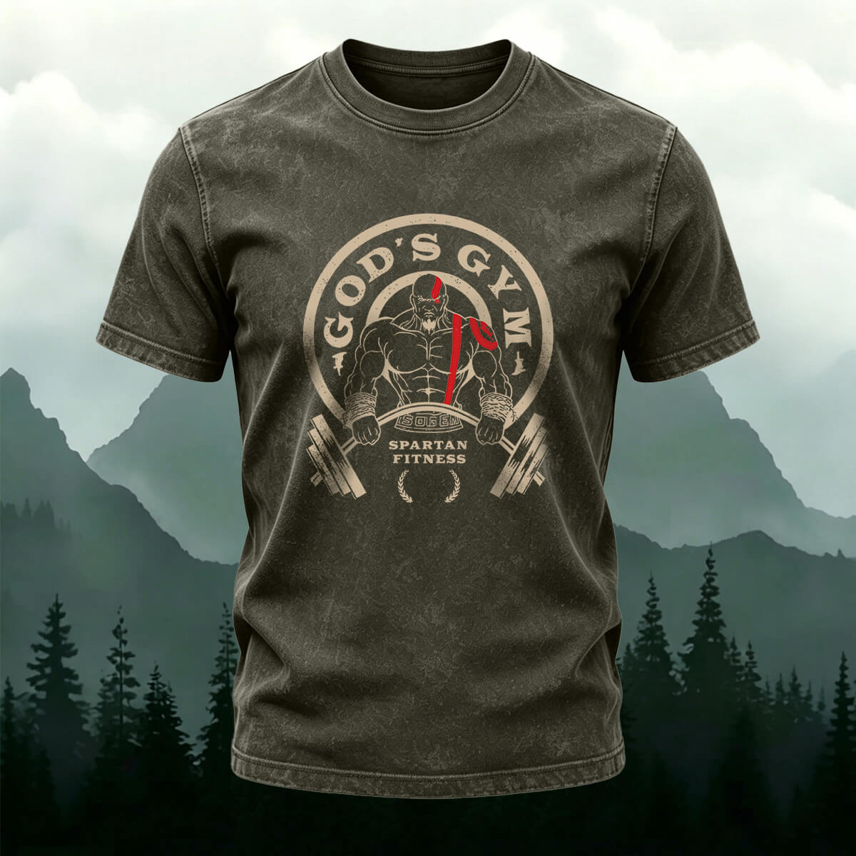 Fitness Print Fashion Washed Cotton Casual T-Shirt Army Green