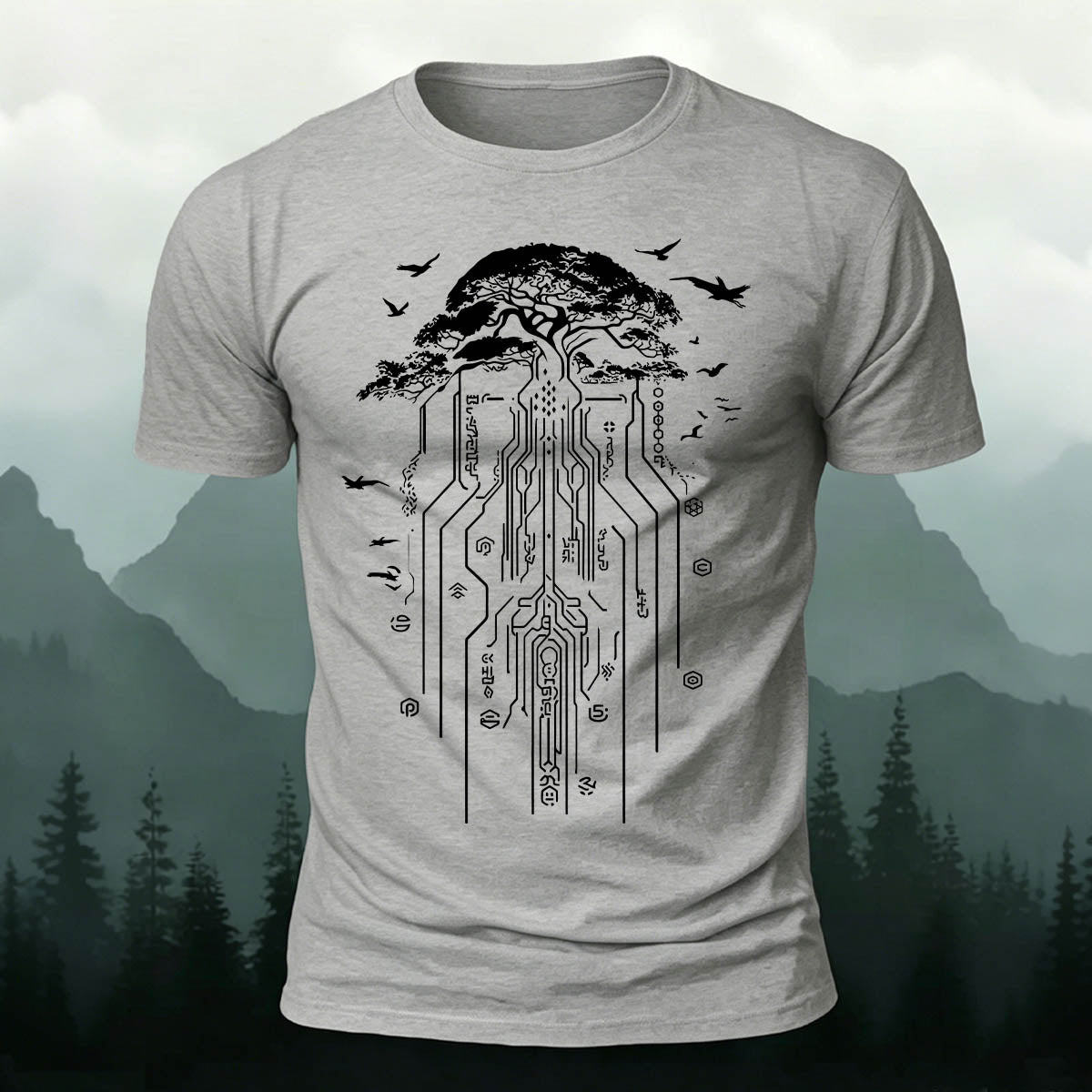 Line Tree Root Casual Skin-Friendly T-Shirt