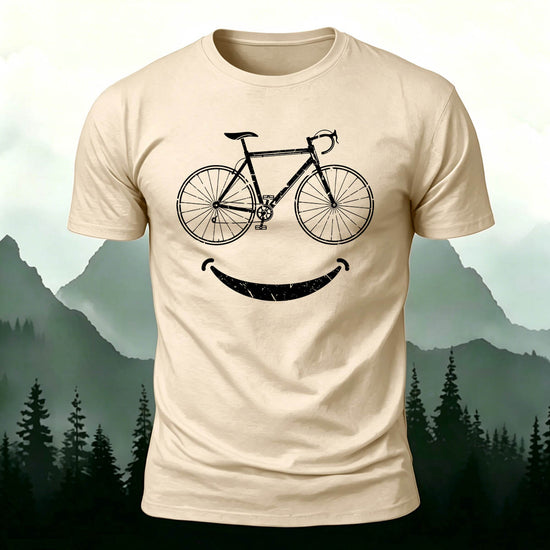 Fun Bicycle Smile Print Sports Casual Cotton T-Shirt Beige