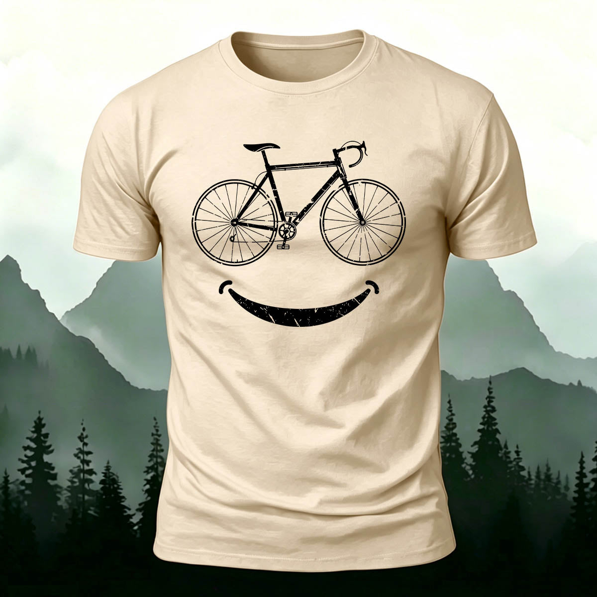 Fun Bicycle Smile Print Sports Casual Cotton T-Shirt Beige