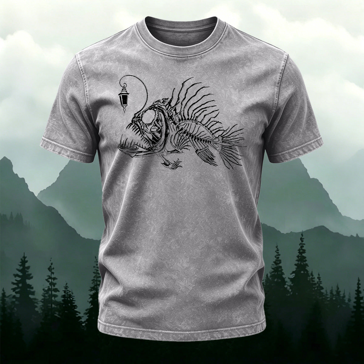 Lanternfish Pattern Streetwear Washed Cotton T-Shirt
