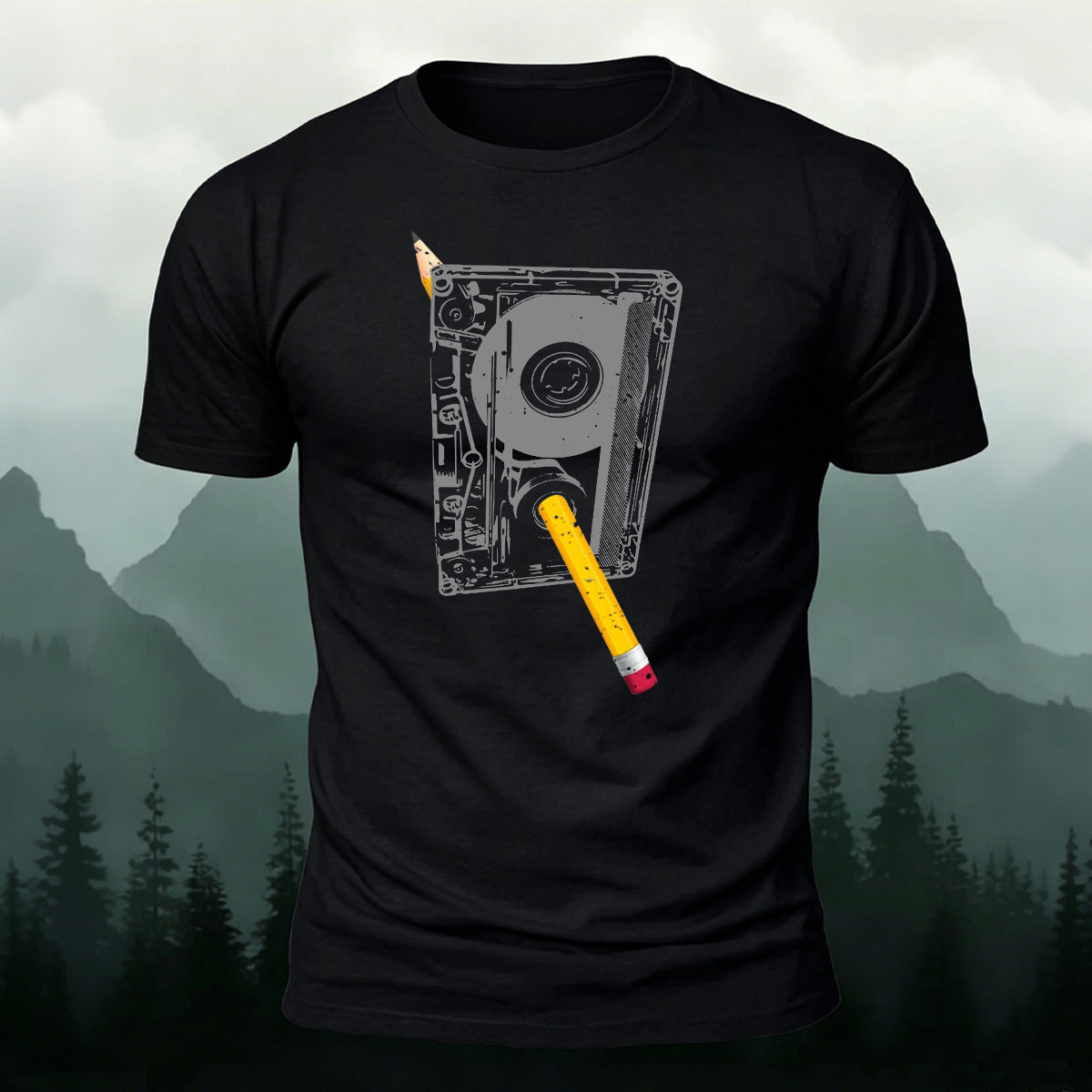 Pencil and Tape Pattern Soft-touch Feel T-Shirt Black