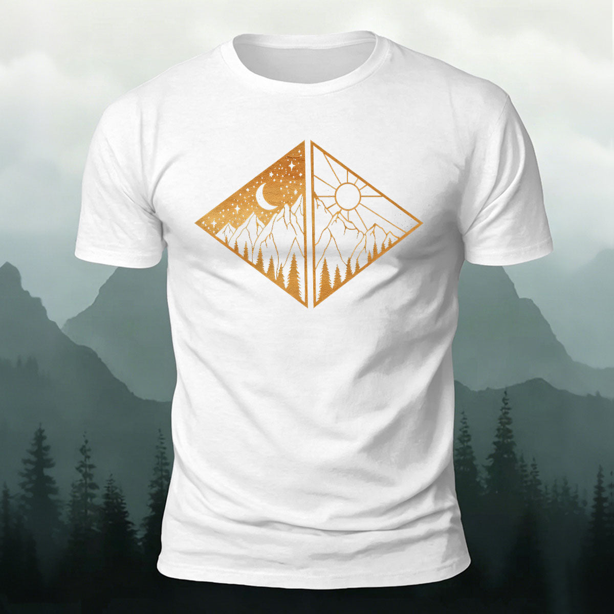 Landscape Art Frame Printed Mountain-style Casual T-Shirt White